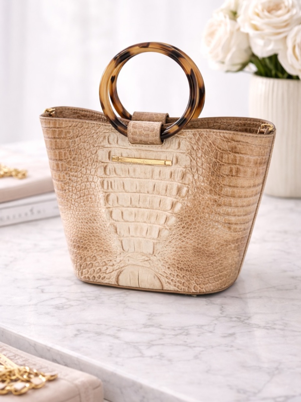 Brahmin Bowie Satchel Melbourne Croc Embossed Ring Handle Tote Shortbread Ombre
